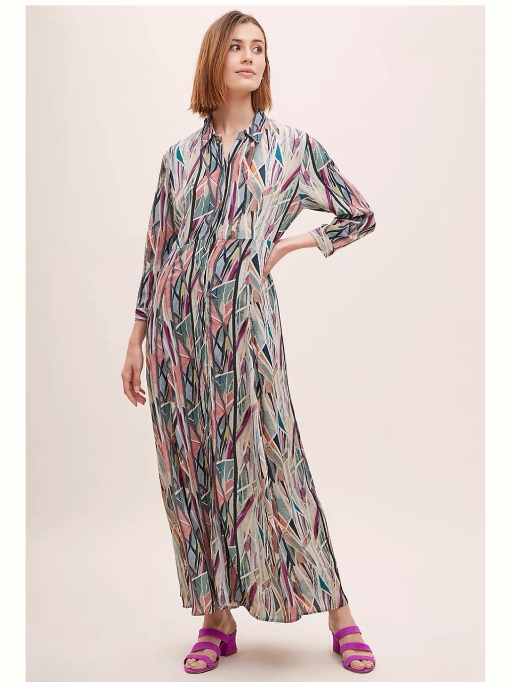NWT Anthropologie Bl-nk London Maxi Dress 1X Button Up Boho Art Print Viscose